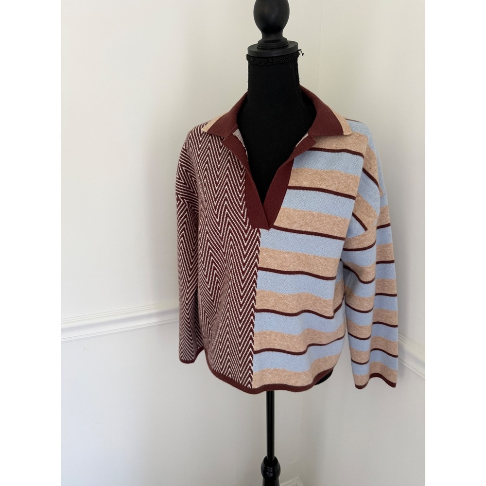 Mixed Pattern Chevron & Striped Polo Knit Sweater Coffee Blue V-Neck S